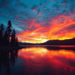 A beautifully captured cinematic scene featuring a vibrant sunset over a serene lake, with reflections of the colorful sky on the water's surface