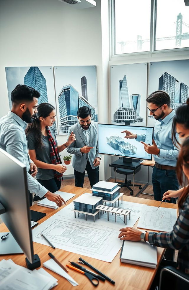 A dynamic workspace showcasing a contemporary architecture firm engaged in teamwork, featuring a diverse group of professionals collaborating over architectural plans and model designs