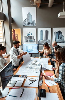 A dynamic workspace showcasing a contemporary architecture firm engaged in teamwork, featuring a diverse group of professionals collaborating over architectural plans and model designs