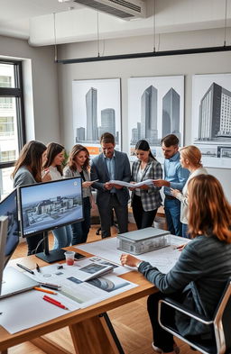 A dynamic workspace showcasing a contemporary architecture firm engaged in teamwork, featuring a diverse group of professionals collaborating over architectural plans and model designs
