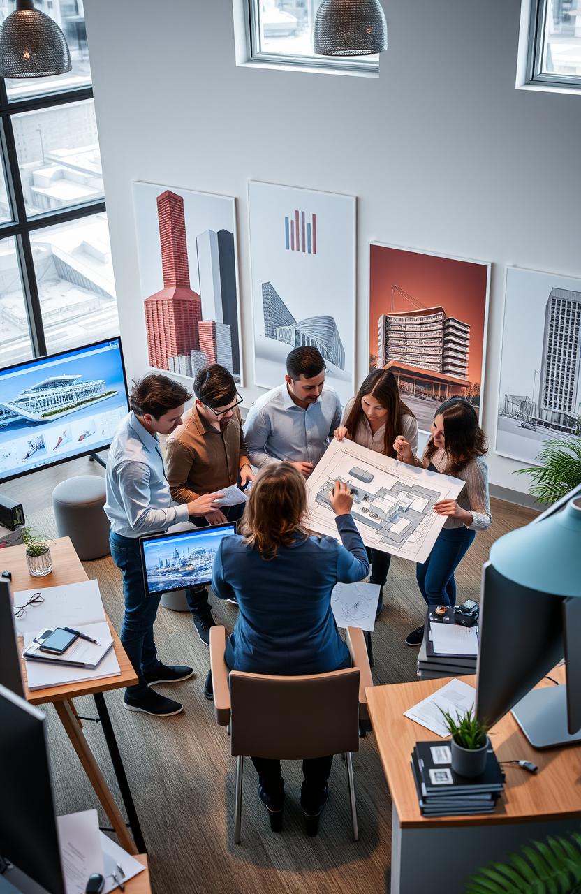 A dynamic workspace showcasing a contemporary architecture firm engaged in teamwork, featuring a diverse group of professionals collaborating over architectural plans and model designs