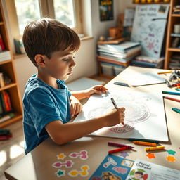 A boy sitting at a table, focused on drawing intricate designs with colorful crayons on a large sheet of paper