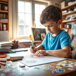 A boy sitting at a table, focused on drawing intricate designs with colorful crayons on a large sheet of paper