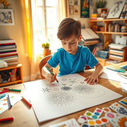 A boy sitting at a table, focused on drawing intricate designs with colorful crayons on a large sheet of paper