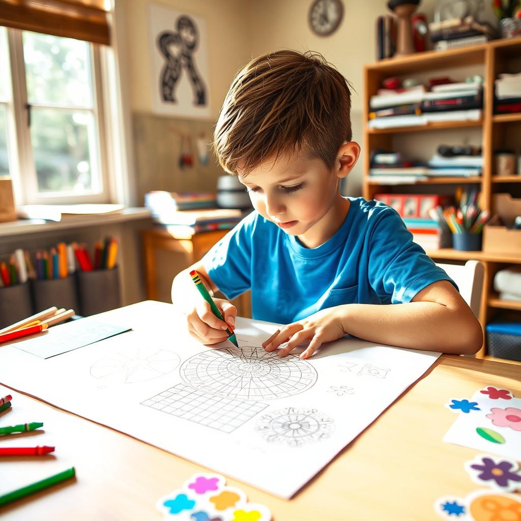 A boy sitting at a table, focused on drawing intricate designs with colorful crayons on a large sheet of paper