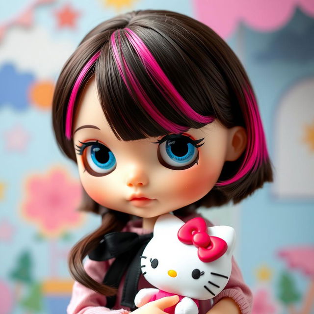 A Blythe doll with dark brown hair featuring vibrant hot pink streaks and short side bangs, showcasing large, expressive blue eyes and a soft blush on her cheeks