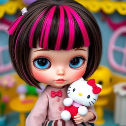 A Blythe doll with dark brown hair featuring vibrant hot pink streaks and short side bangs, showcasing large, expressive blue eyes and a soft blush on her cheeks