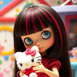 A Blythe doll with dark brown hair featuring vibrant hot pink streaks and short side bangs, showcasing large, expressive blue eyes and a soft blush on her cheeks