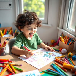 A young boy sitting at a desk, enthusiastically creating a drawing with colorful crayons