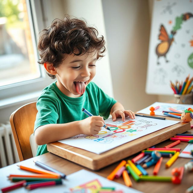 A young boy sitting at a desk, enthusiastically creating a drawing with colorful crayons