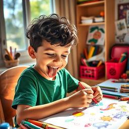A young boy sitting at a desk, enthusiastically creating a drawing with colorful crayons