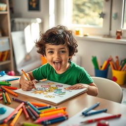 A young boy sitting at a desk, enthusiastically creating a drawing with colorful crayons
