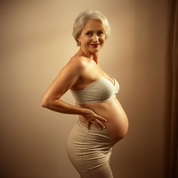 A confident older woman gracefully posing, showcasing her curves