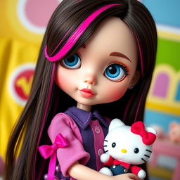 A Blythe doll with medium long dark brown hair featuring vibrant hot pink streaks and short side bangs, showcasing large, expressive blue eyes and a soft blush on her cheeks