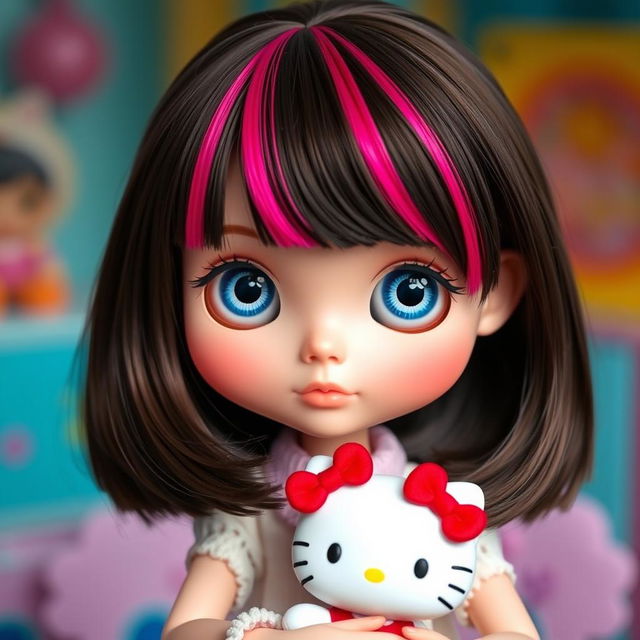 A Blythe doll with medium long dark brown hair featuring vibrant hot pink streaks and short side bangs, showcasing large, expressive blue eyes and a soft blush on her cheeks