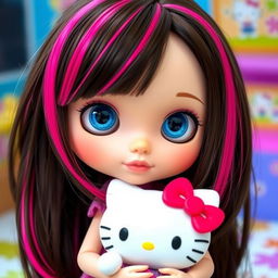 A Blythe doll with medium long dark brown hair featuring vibrant hot pink streaks and short side bangs, showcasing large, expressive blue eyes and a soft blush on her cheeks