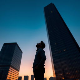 A dramatic silhouette of a man looking up, standing next to a tall, modern skyscraper