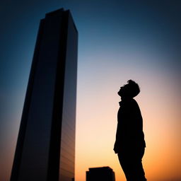 A dramatic silhouette of a man looking up, standing next to a tall, modern skyscraper