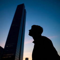 A dramatic silhouette of a man looking up, standing next to a tall, modern skyscraper