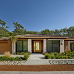 Front view of a single-story house with detailed architectural features and aesthetically pleasing surroundings