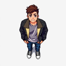 A detailed pixel art representation of an 18-year-old young man seen from a top-down perspective