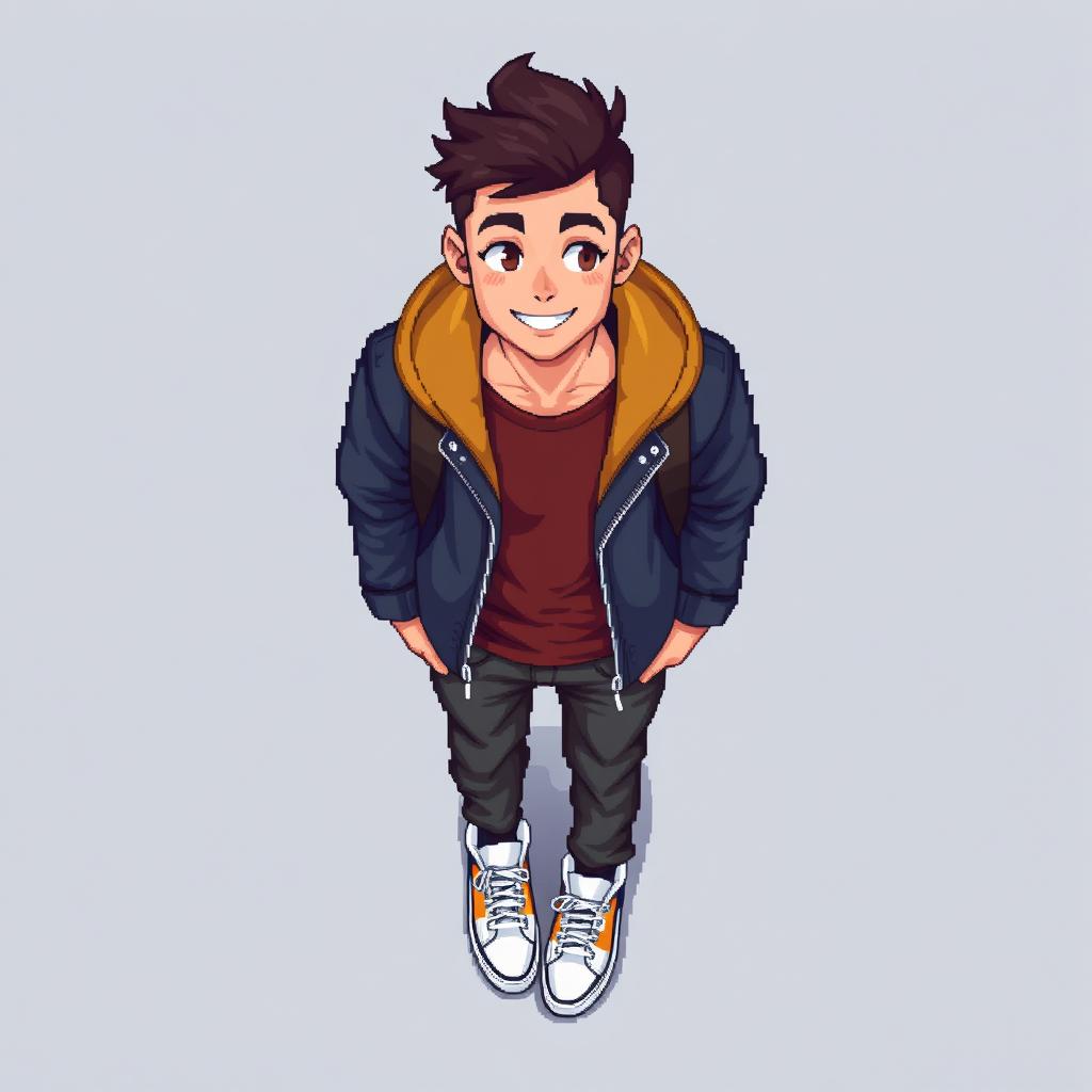 A detailed pixel art representation of an 18-year-old young man seen from a top-down perspective