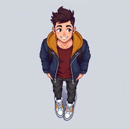 A detailed pixel art representation of an 18-year-old young man seen from a top-down perspective