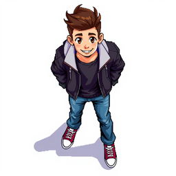 A detailed pixel art representation of an 18-year-old young man seen from a top-down perspective