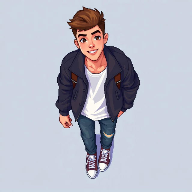 A detailed pixel art representation of an 18-year-old young man seen from a top-down perspective