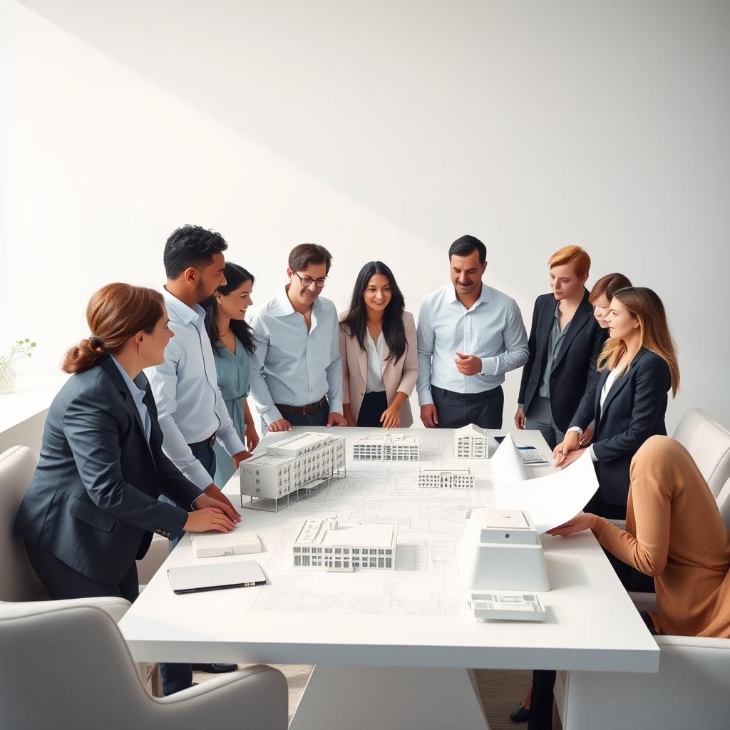 A clean and minimal image showcasing a professional architectural firm business team