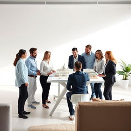 A clean and minimal image showcasing a professional architectural firm business team