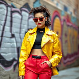 A stylish young adult woman in a vibrant, modern outfit standing confidently in an urban setting
