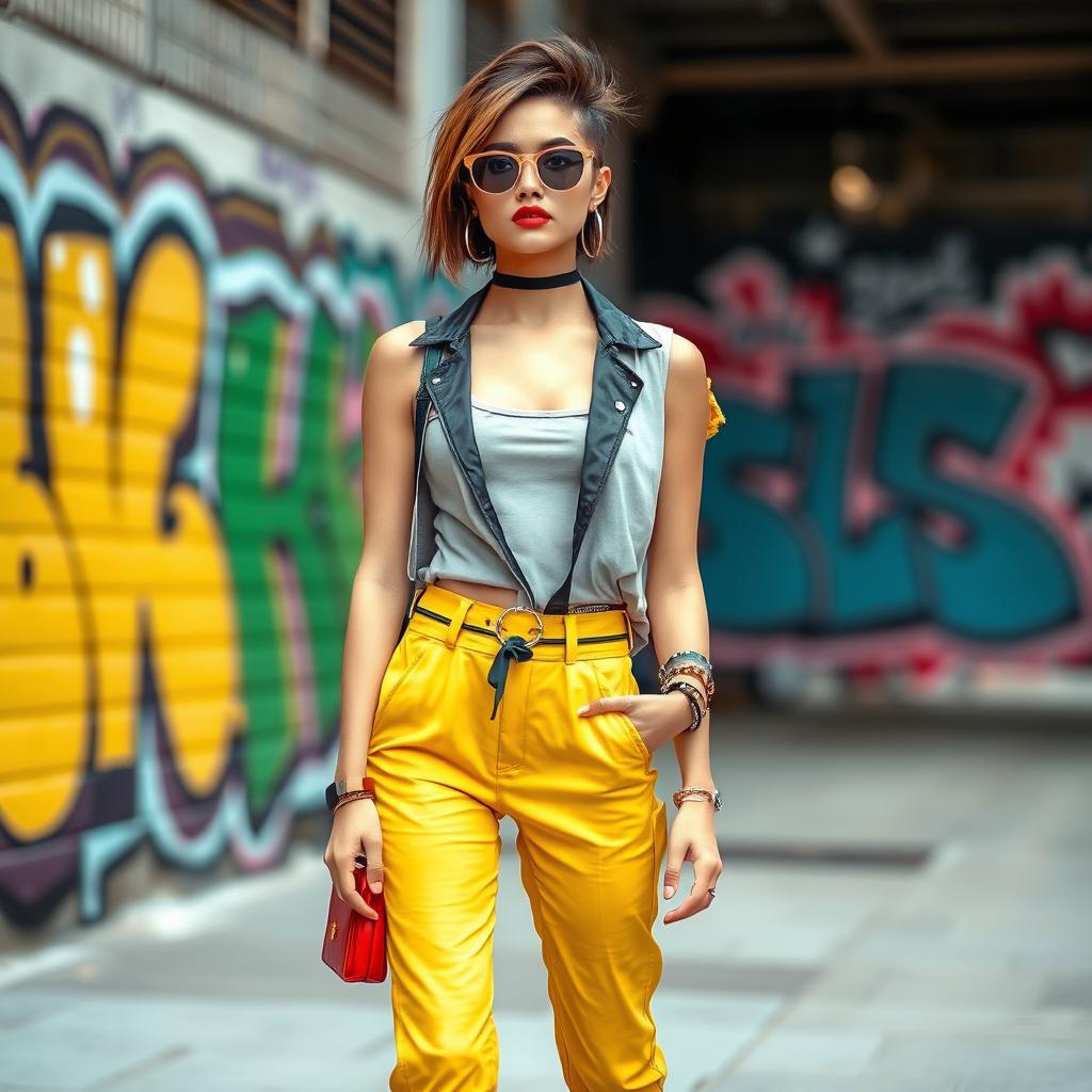 A stylish young adult woman in a vibrant, modern outfit standing confidently in an urban setting