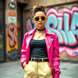 A stylish young adult woman in a vibrant, modern outfit standing confidently in an urban setting