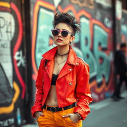 A stylish young adult woman in a vibrant, modern outfit standing confidently in an urban setting
