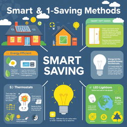A visually appealing educational poster illustrating smart and energy-saving methods