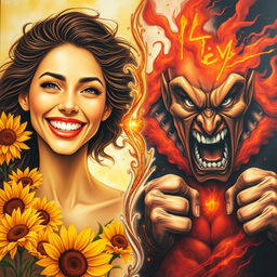 A vivid and thought-provoking artistic depiction contrasting joy and anger
