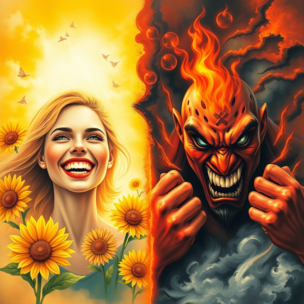 A vivid and thought-provoking artistic depiction contrasting joy and anger