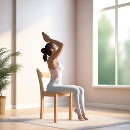 A high-quality digital art image showcasing a serene scene of chair yoga