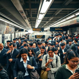A bustling and very crowded subway station filled with diverse people of various ethnicities and genders
