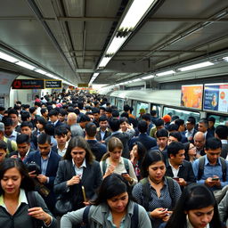A bustling and very crowded subway station filled with diverse people of various ethnicities and genders