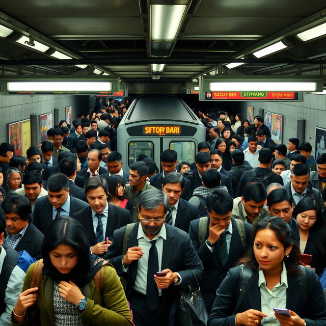 A bustling and very crowded subway station filled with diverse people of various ethnicities and genders