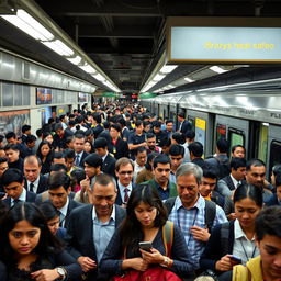 A bustling and very crowded subway station filled with diverse people of various ethnicities and genders