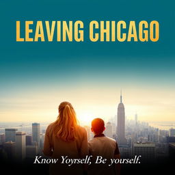 A movie poster for the film titled 'Leaving Chicago' featuring a girl and her boyfriend standing side by side in a cityscape, with a backdrop of Chicago skyline transitioning into New York's skyline