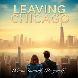 A movie poster for the film titled 'Leaving Chicago' featuring a girl and her boyfriend standing side by side in a cityscape, with a backdrop of Chicago skyline transitioning into New York's skyline