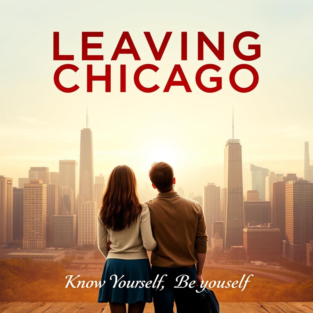 A movie poster for the film titled 'Leaving Chicago' featuring a girl and her boyfriend standing side by side in a cityscape, with a backdrop of Chicago skyline transitioning into New York's skyline
