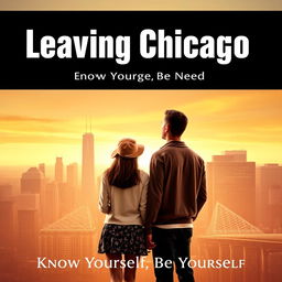 A movie poster for the film titled 'Leaving Chicago' featuring a girl and her boyfriend standing side by side in a cityscape, with a backdrop of Chicago skyline transitioning into New York's skyline