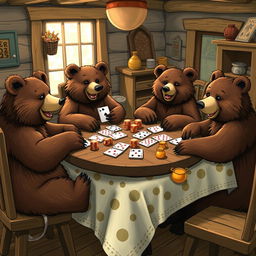 A whimsical scene featuring a group of bears anthropomorphically playing poker around a rustic wooden table