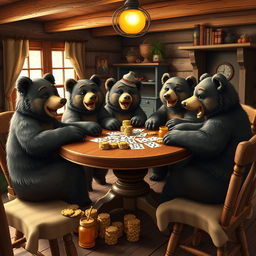 A whimsical scene featuring a group of bears anthropomorphically playing poker around a rustic wooden table