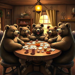 A whimsical scene featuring a group of bears anthropomorphically playing poker around a rustic wooden table